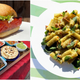 Top left: watermelon burger; Bottom left: mushroom fajitas; Right: zucchini pesto pasta
